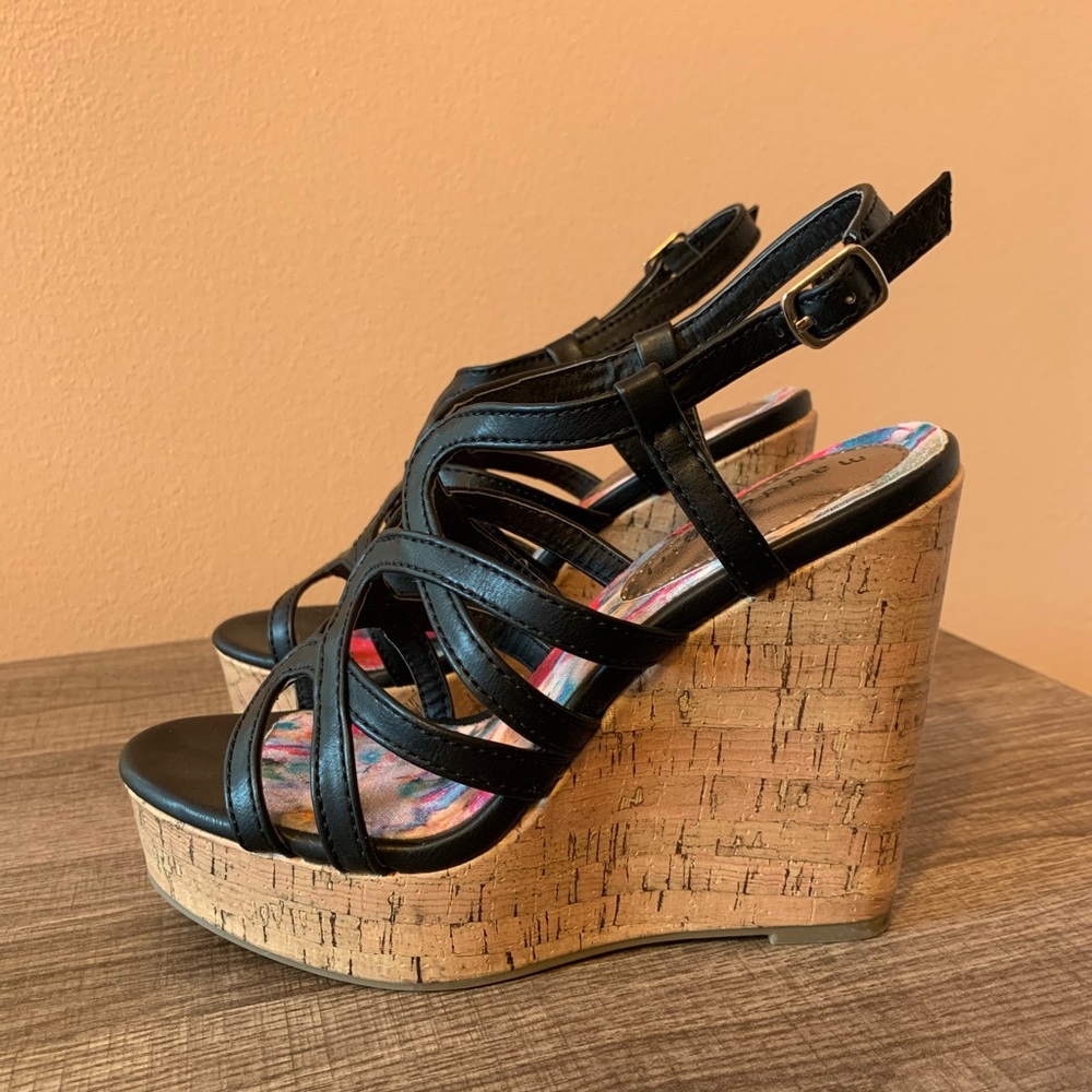 Madden Girl Elite Black Cork Wedge Sandals